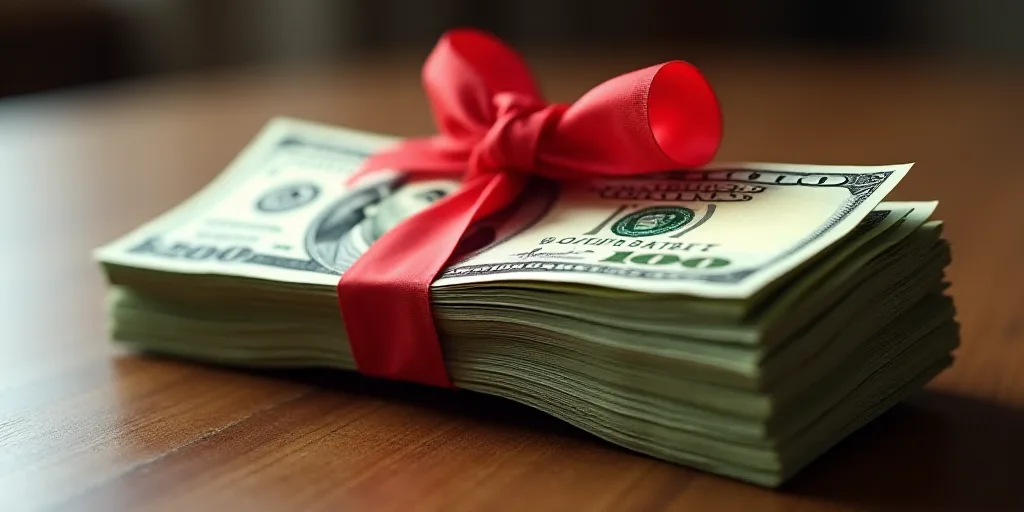 a bunch of money is tied to a red string with a red bow on it, sitting on a table, Andries Stock, re