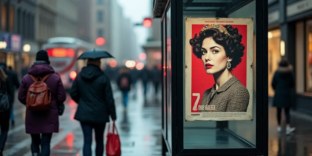 a bus stop with a poster on it and people walking by it on a rainy day in the city, Brian Fies, post