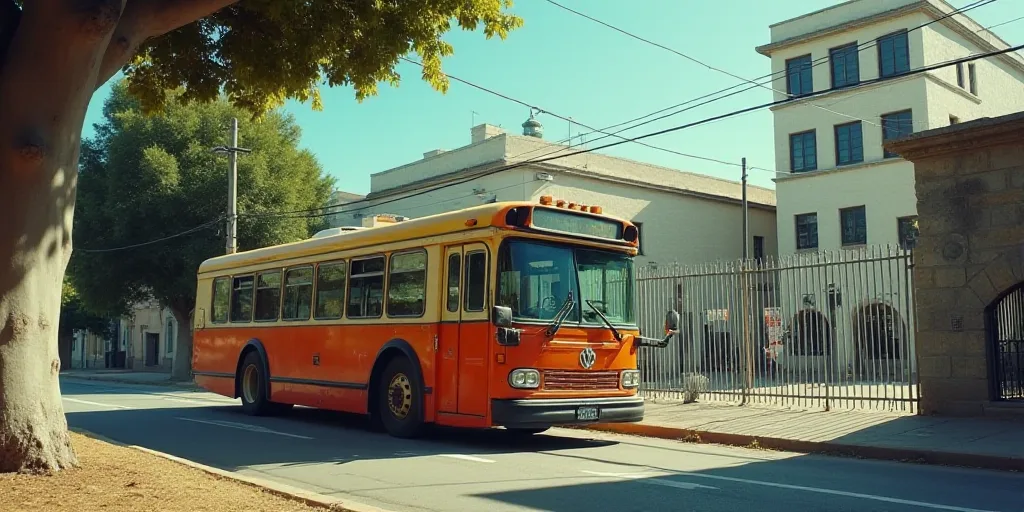 a bus that is sitting in the street next to a building and a fenced in area with a tree, Estuardo Ma
