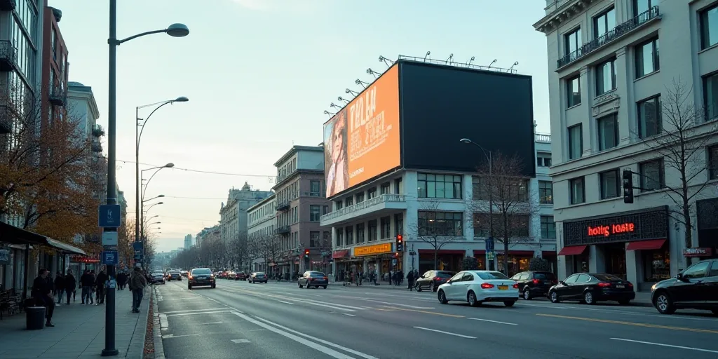 a busy city street with a large billboard on the side of it's building and cars driving down the str