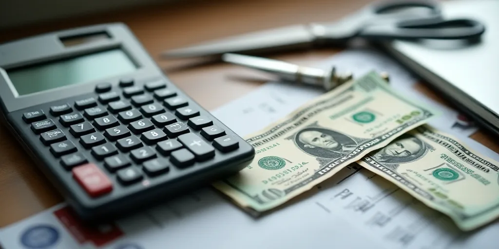 a calculator, a pair of scissors, and a pair of money are on a table with a calculator, Avgust Čern