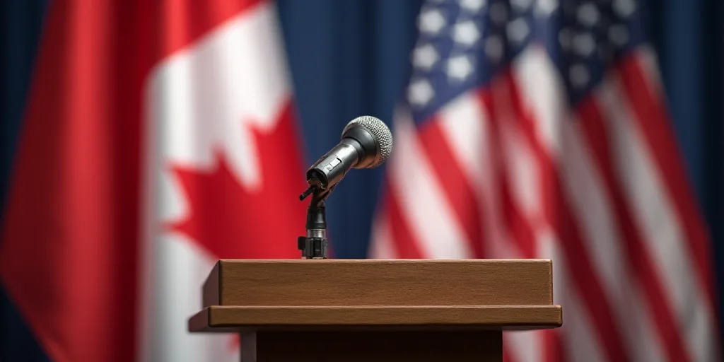 a canadian and american flags are behind a podium with a microphone in front of them and a flag in t