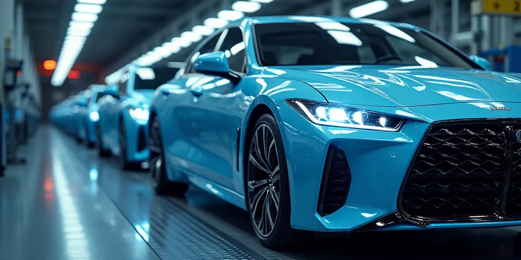 a car being assembled in a factory with a lot of blue lights on it's side and a line of machines in