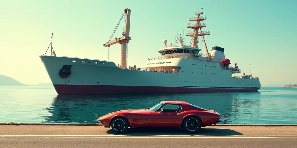 a car is parked in front of a large boat in the water with a crane on top of it, Dahlov Ipcar, ue 5,