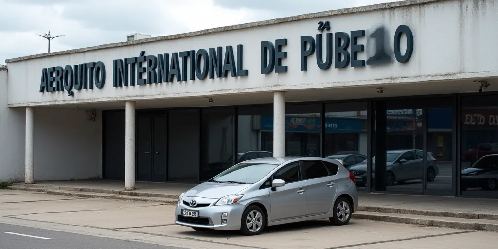 a car is parked outside of a building with a sign on it that says aeroquito international de puebla,