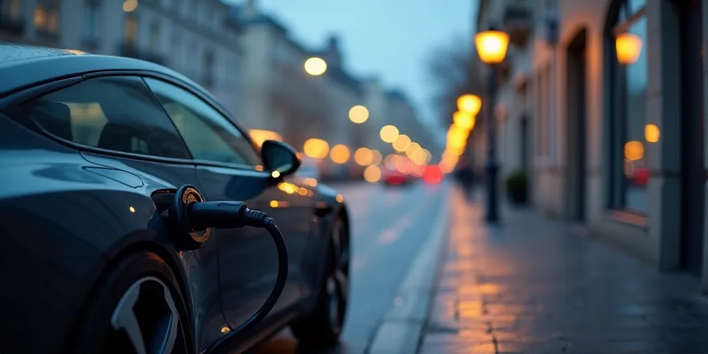 a car plugged in to a charger on a city street with buildings in the background and a street light,