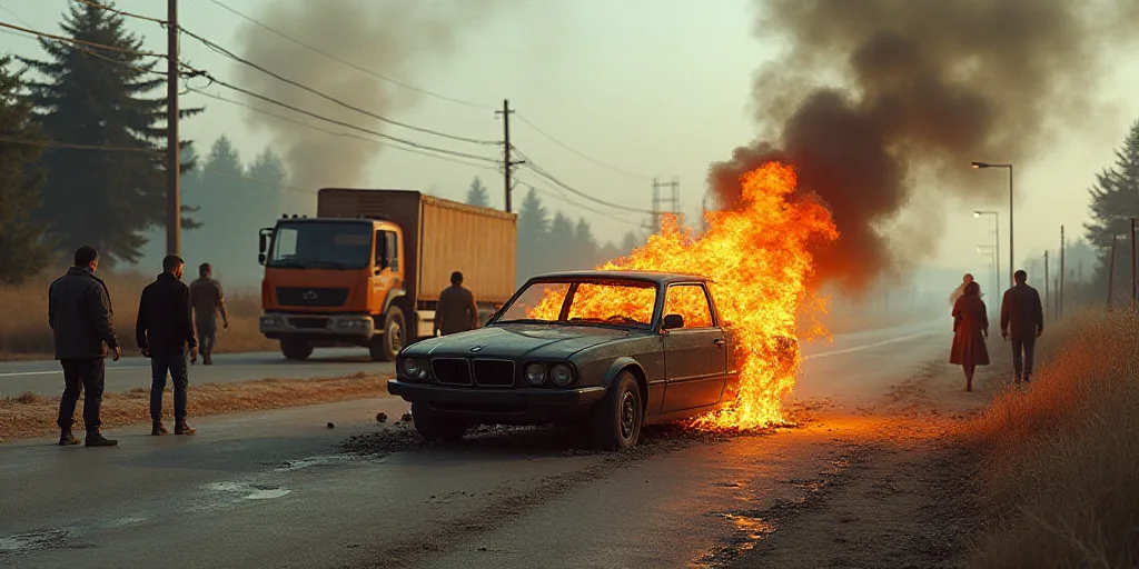 a car that has been burnt in the middle of the road with people walking by it and a truck in the bac