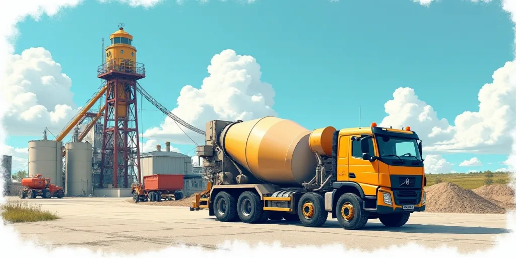a cement truck parked in front of a cement plant with a sky background and a blue sky in the backgro