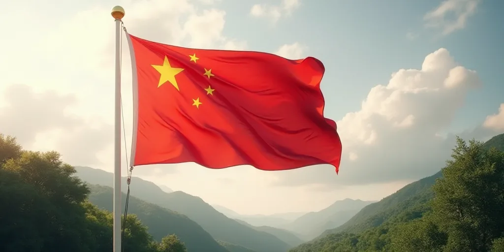 a chinese flag flying in the wind with trees in the background and a cloudy sky in the background,,