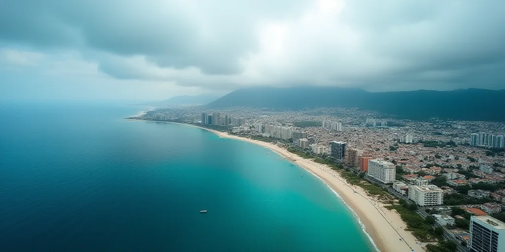 a city on a beach with a blue ocean and a cloudy sky above it and a blue ocean below it, Esaias Bour