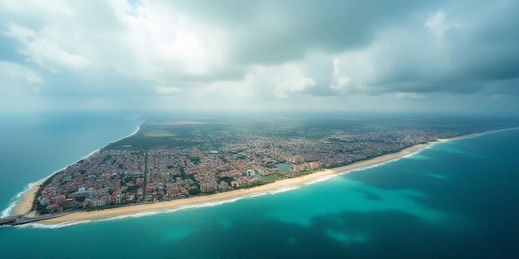a city on a beach with a blue ocean and a cloudy sky above it and a blue ocean below it, Esaias Bour
