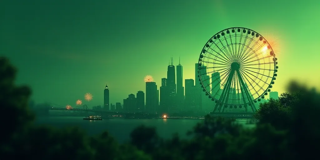 a city skyline with a ferris wheel and fireworks in the sky and a green background with a blurry ima