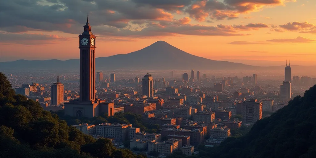 a city skyline with a large building and a tower with a clock at dusk with a view of a mountain, Die