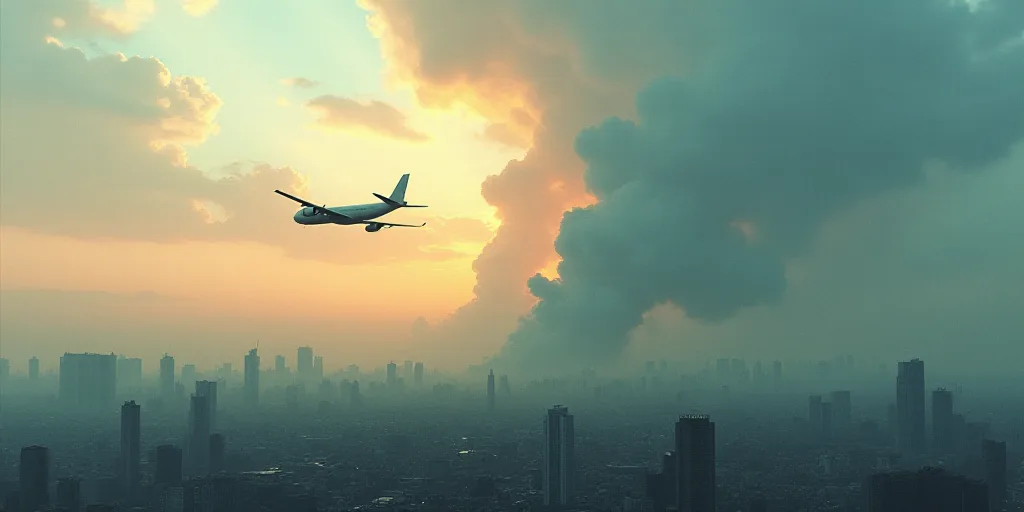 a city skyline with a large cloud of smoke in the sky and a plane flying in the foreground, Cao Zhib