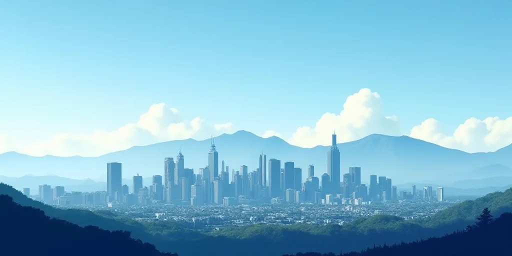 a city skyline with mountains in the background and a blue sky in the foreground with a few clouds,