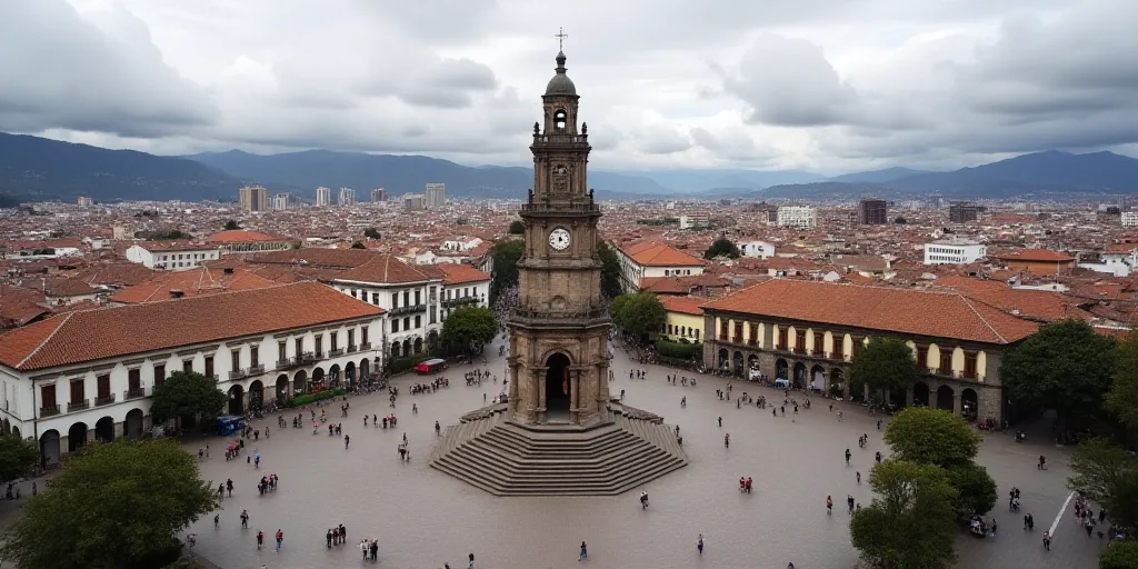 a city square with a clock tower in the middle of it and a lot of people walking around it, Federico