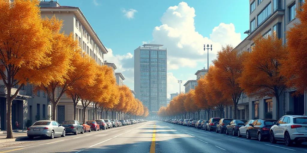 a city street with a lot of cars parked on the side of it and a building in the background, Alesso B