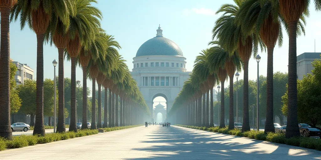 a city street with palm trees and a large building in the background with a domed glass dome on top,