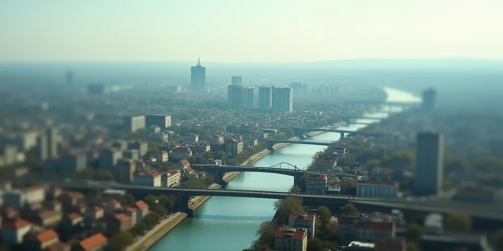 a city with a bridge and a bridge over it with a sky line above it and a city below, Aquirax Uno, bl