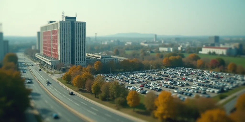 a city with a freeway and a large building with a red sign on it's side and a parking lot with cars