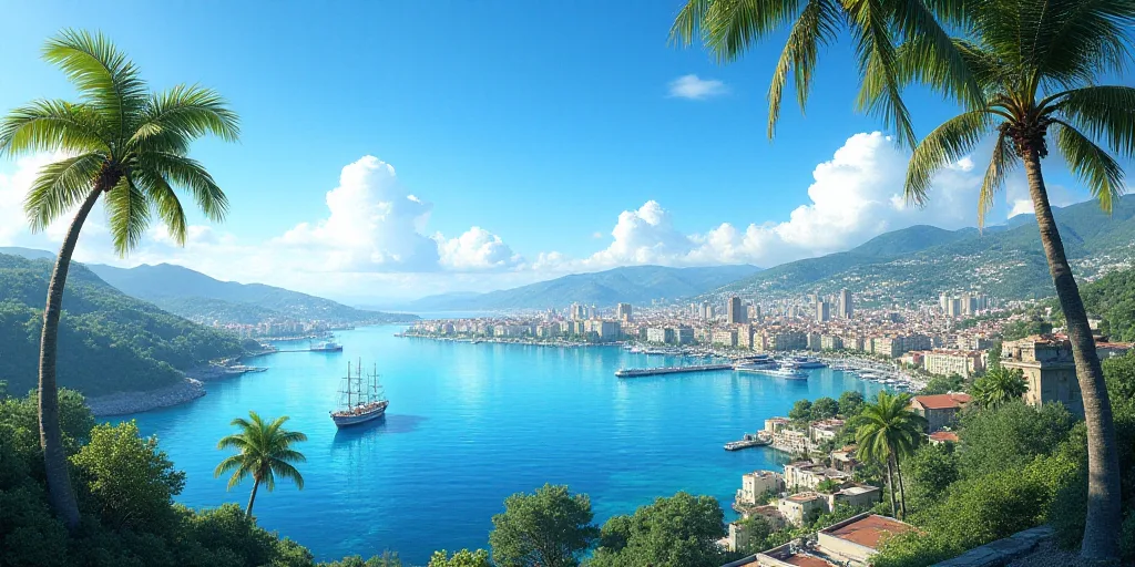 a city with a harbor and a boat in the water and palm trees in the foreground and a blue sky, Altich