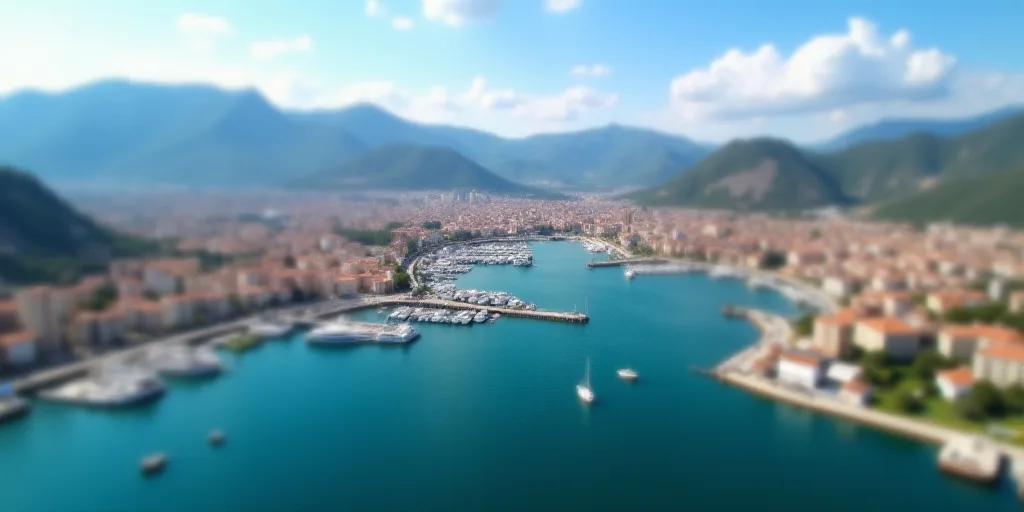 a city with a harbor and mountains in the background and boats in the water in the foreground and a