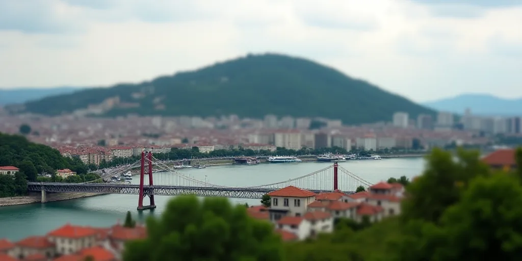 a city with a hill in the background and a bridge in the foreground with a bridge going across it, A