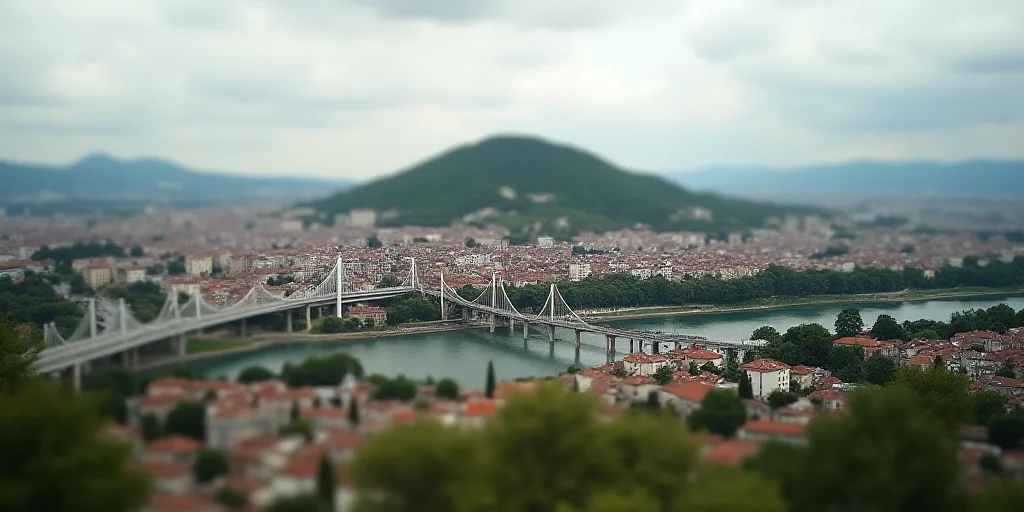 a city with a hill in the background and a bridge in the foreground with a bridge going across it, A