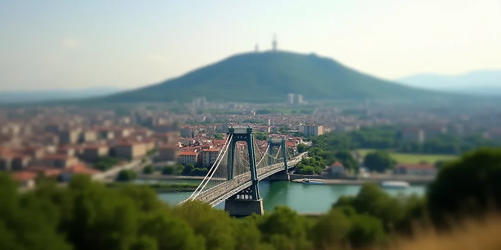 a city with a hill in the background and a bridge in the foreground with a bridge going across it, A