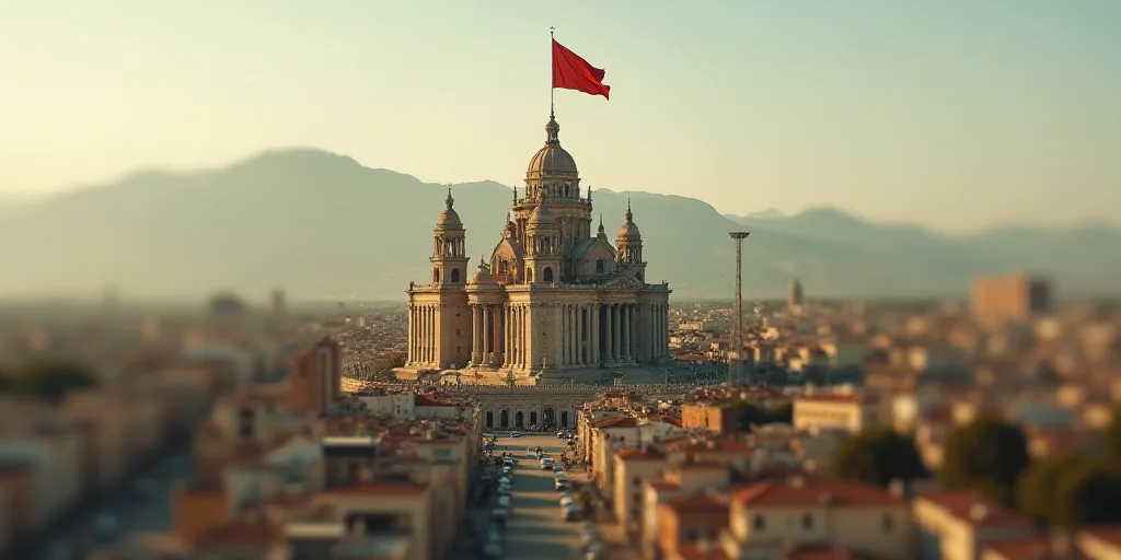 a city with a large cathedral and a flag flying in the air above it and a large city with a large ca