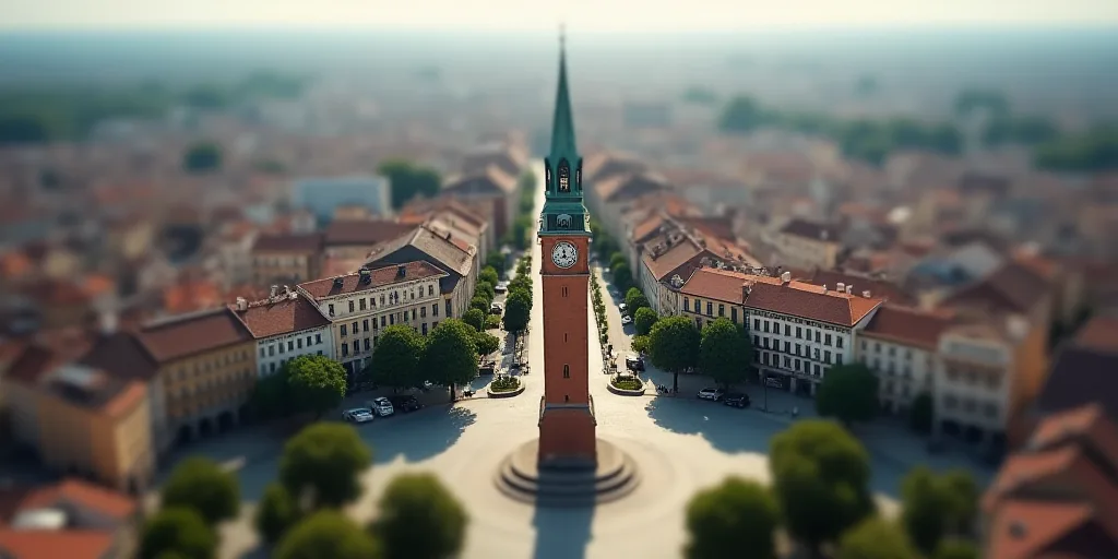 a city with a lot of buildings and a clock tower in the middle of it's center square, Araceli Gilber