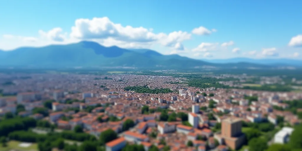a city with a lot of buildings and mountains in the background, with a blue sky and a few clouds, Aq