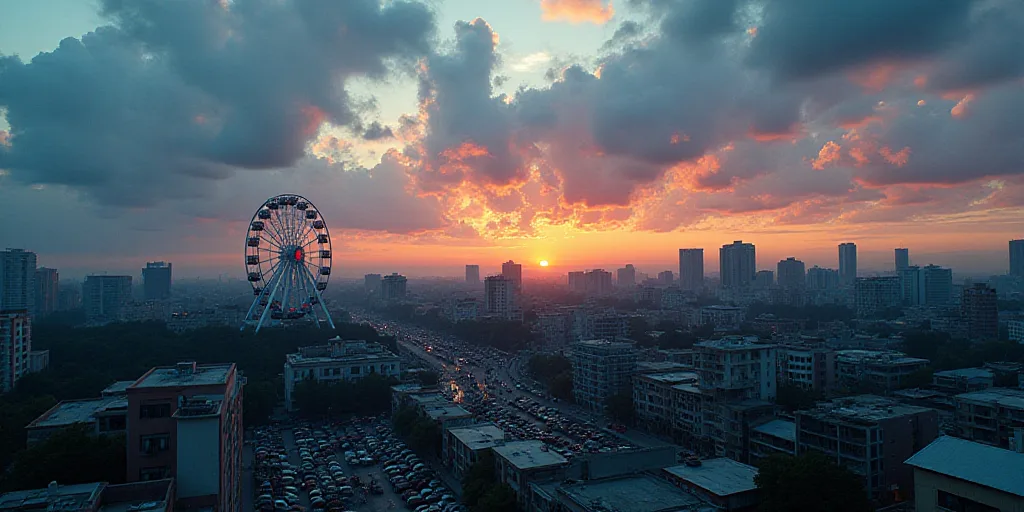a city with a lot of cars parked in it at dusk time with a sky full of clouds and a ferris wheel, Ed