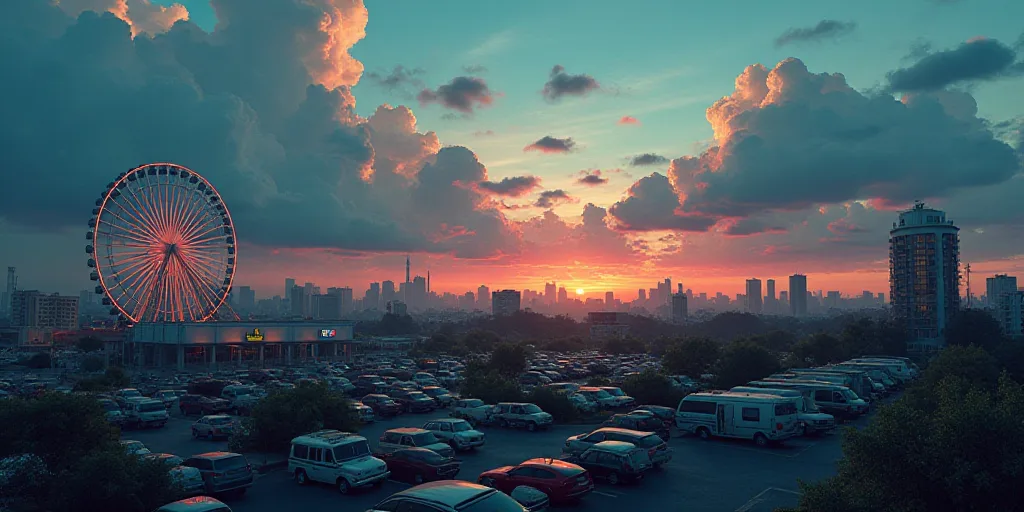 a city with a lot of cars parked in it at dusk time with a sky full of clouds and a ferris wheel, Ed