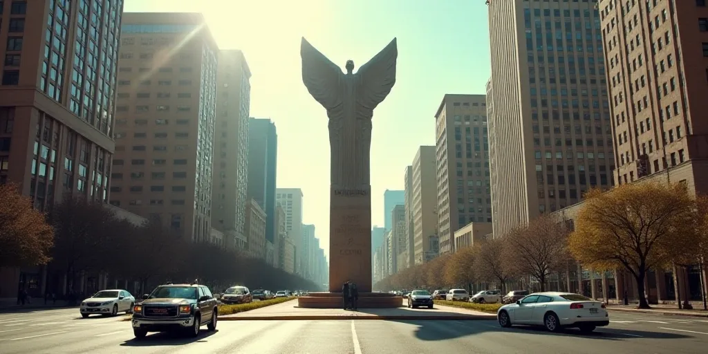 a city with a lot of tall buildings and a statue in the middle of the street with cars driving aroun