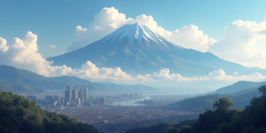 a city with a mountain in the background and clouds in the sky above it, with a cityscape in the for