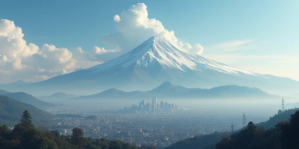 a city with a mountain in the background and clouds in the sky above it, with a cityscape in the for