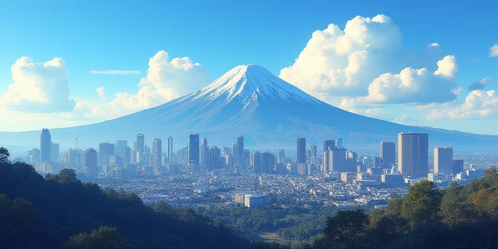 a city with a mountain in the background and a blue sky in the foreground with a few clouds, Eddie M