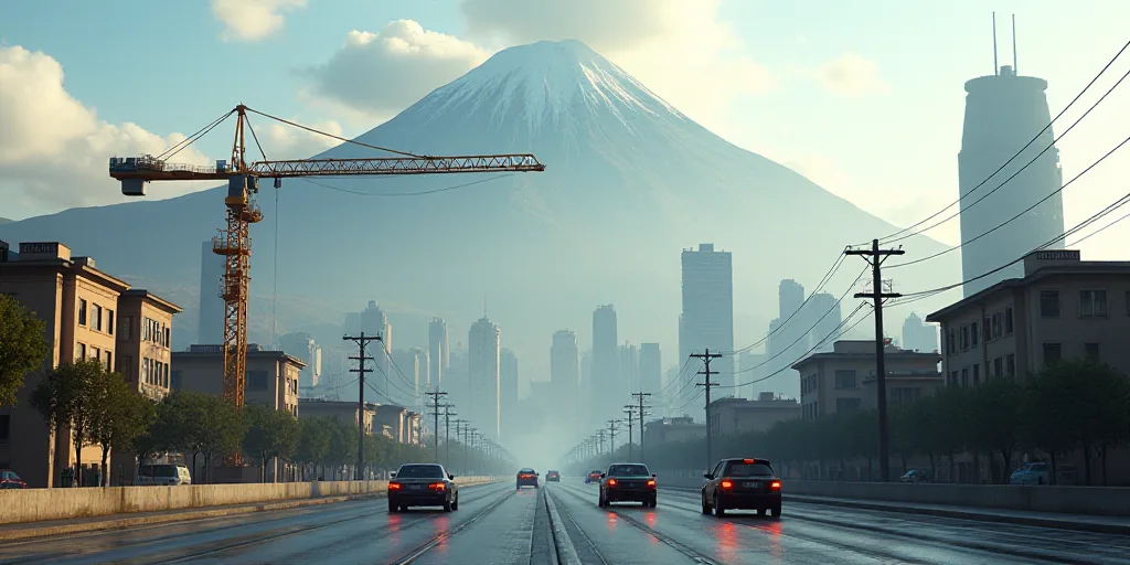 a city with a mountain in the background and a crane in the foreground with cars driving on the road