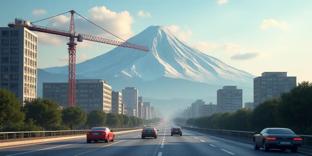 a city with a mountain in the background and a crane in the foreground with cars driving on the road