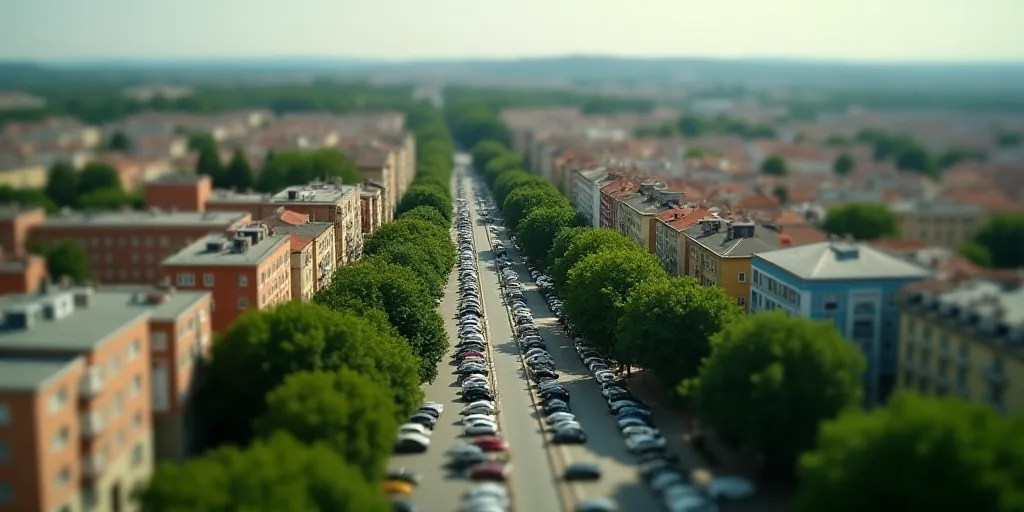 a city with lots of buildings and lots of trees in the middle of it, and a lot of cars parked in fro