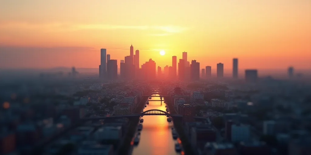 a city with lots of buildings and a bridge in the middle of it with a sky background that is mostly