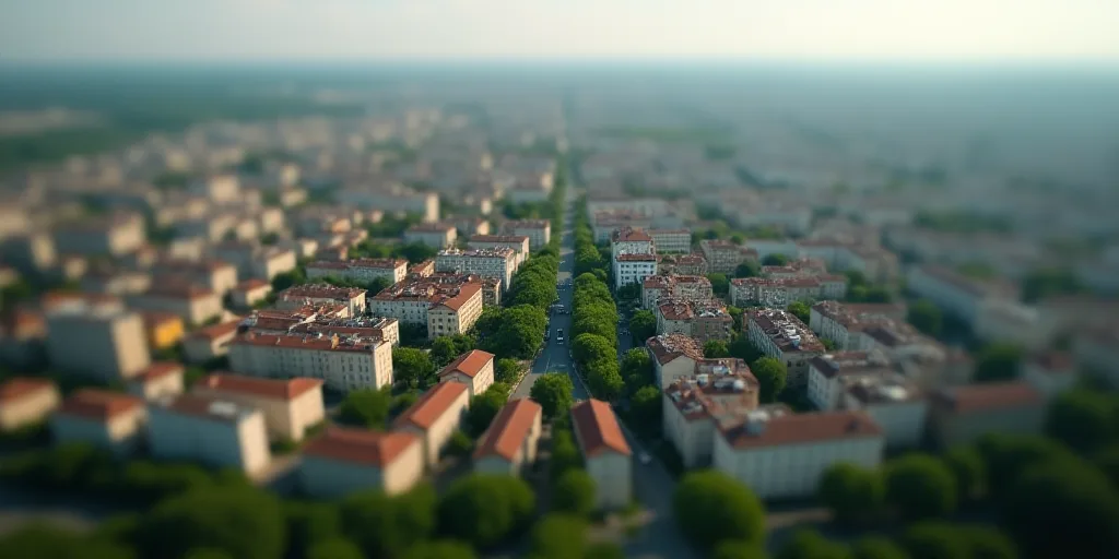 a city with lots of buildings and lots of trees in the middle of it, from above, looking down on a c