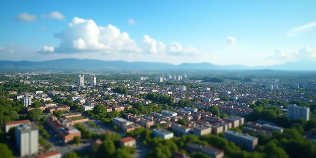 a city with lots of buildings and trees in the foreground and a blue sky in the background with a fe