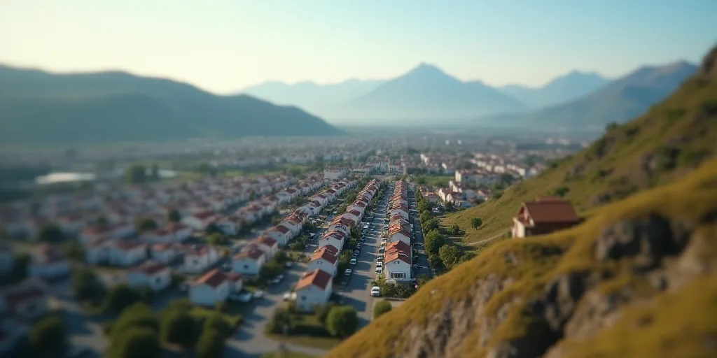a city with lots of houses and cars parked in front of them and mountains in the background in the d