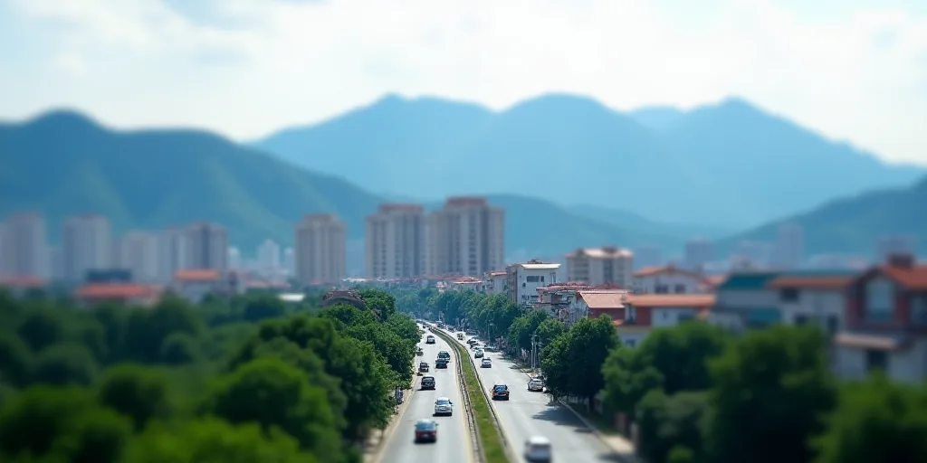 a city with mountains in the background and a road in the foreground with cars on it and a mountain