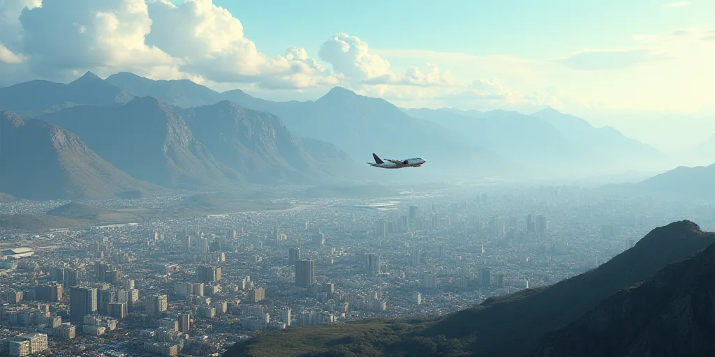 a city with mountains in the background and a plane flying over it in the foreground of the picture,