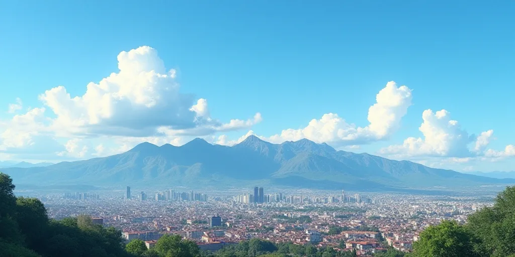 a city with mountains in the background and a blue sky in the foreground with a few clouds in the sk