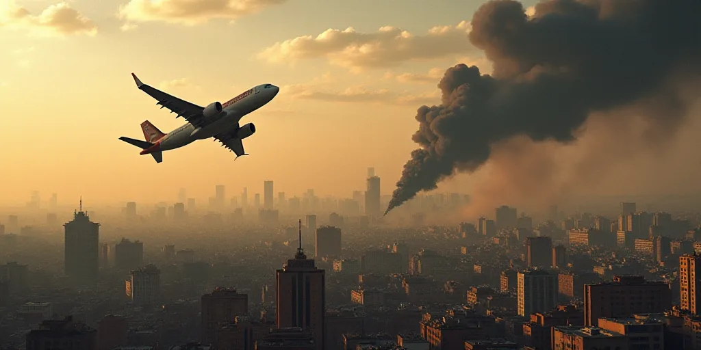 a city with smoke billowing from it and a plane flying in the air in the foreground with buildings i
