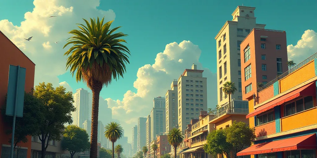 a city with tall buildings and a street sign in front of it with a palm tree in the foreground, Dieg